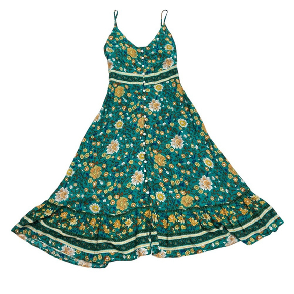 SOLD 🔴 Boho Buys long dress Printed floral fits XS, S green yellow blue - Picture 9 of 16